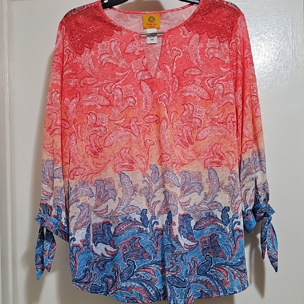 Ruby Rd. Coral to Blue Ombre Paisley Tie-Sleeve Tunic